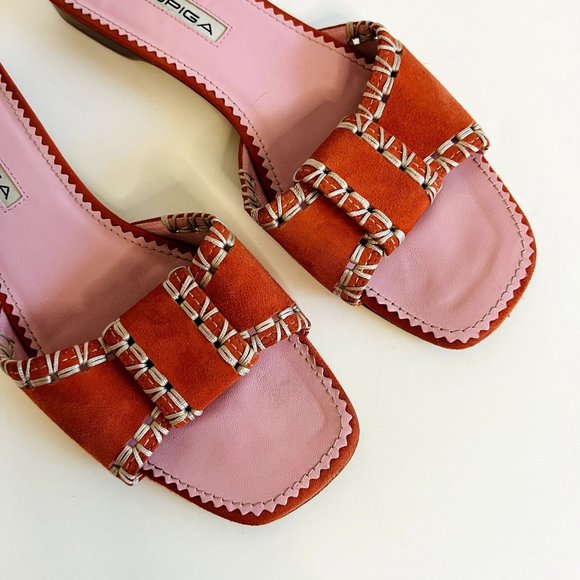 Via Spiga Shoes - 90s Via Spiga Pink Barbie Genuine Suede Woven Square Toe Slide Sandals 8